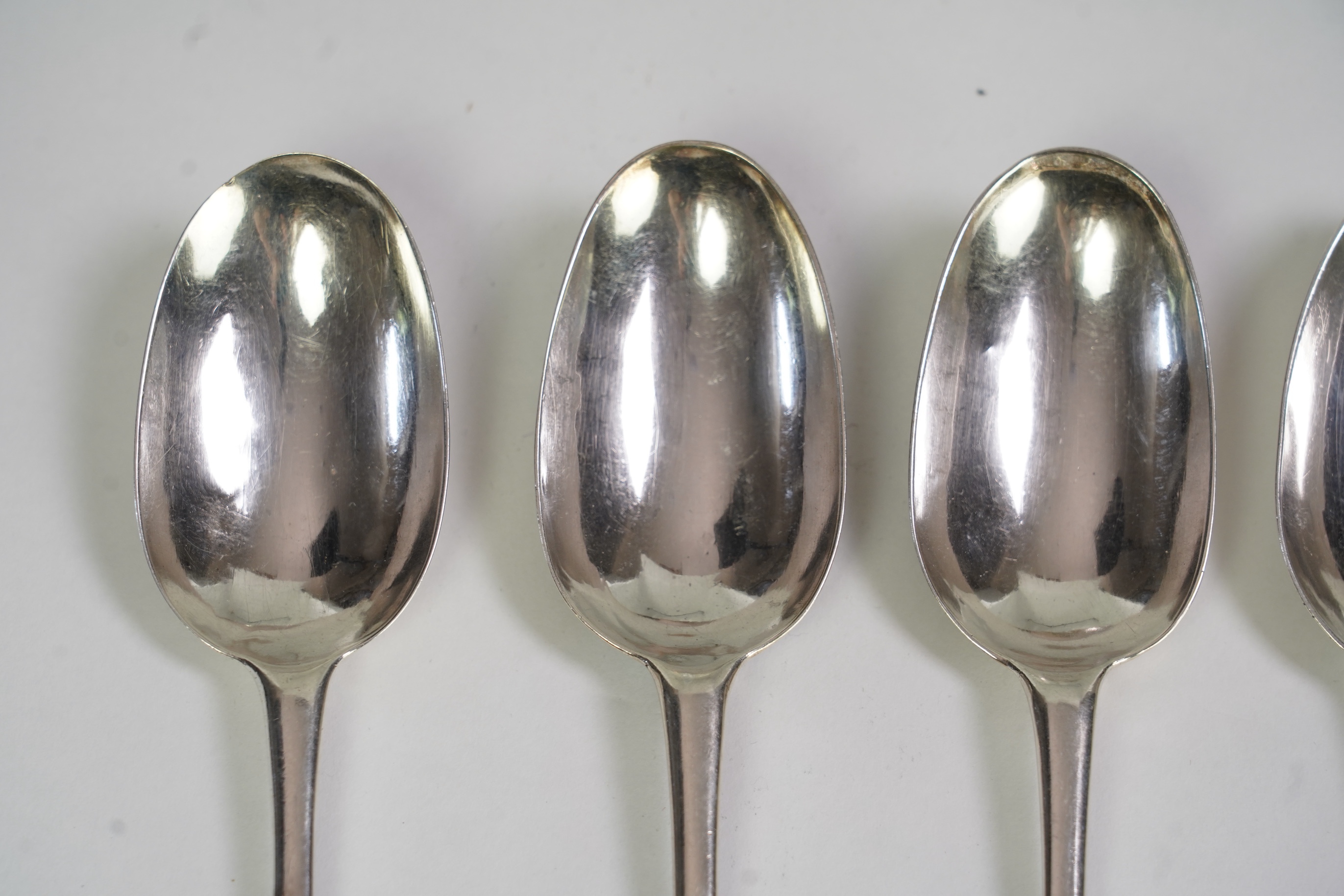 A set of six late George I silver Hanoverian rat tail table spoons, by Hugh Arnott & Edward Pocock